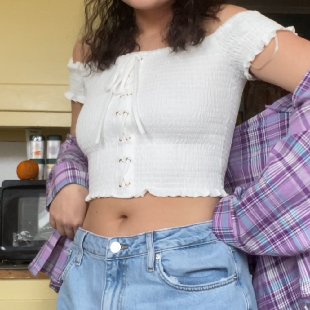 Forever 21 White Smocked Off-the-Shoulder Crop Top